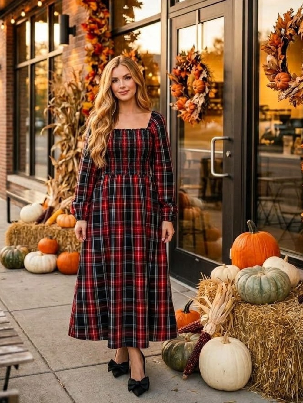 XL Draper James Red and Black Plaid Long Sleeve Midi Dress New without Tag